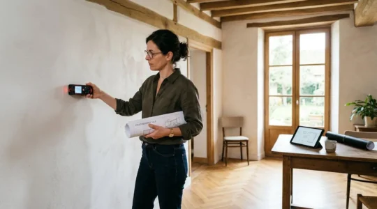 Architecte professionnel mesurant les surfaces intérieures d'une maison française pour un permis de construire