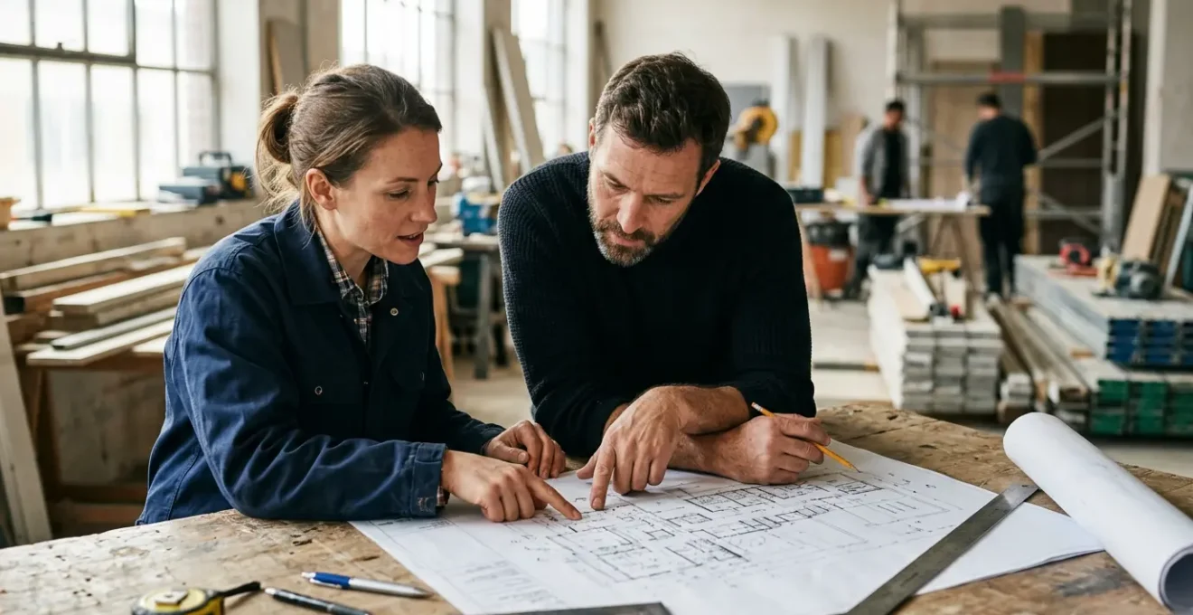 Un artisan et un client échangent autour d'un plan de chantier sur une table de travail