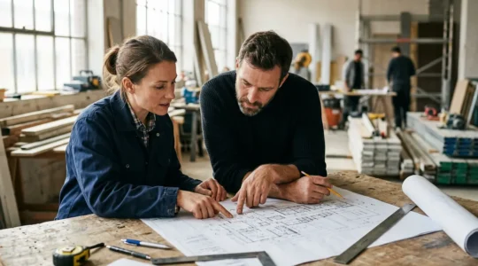 Un artisan et un client échangent autour d'un plan de chantier sur une table de travail