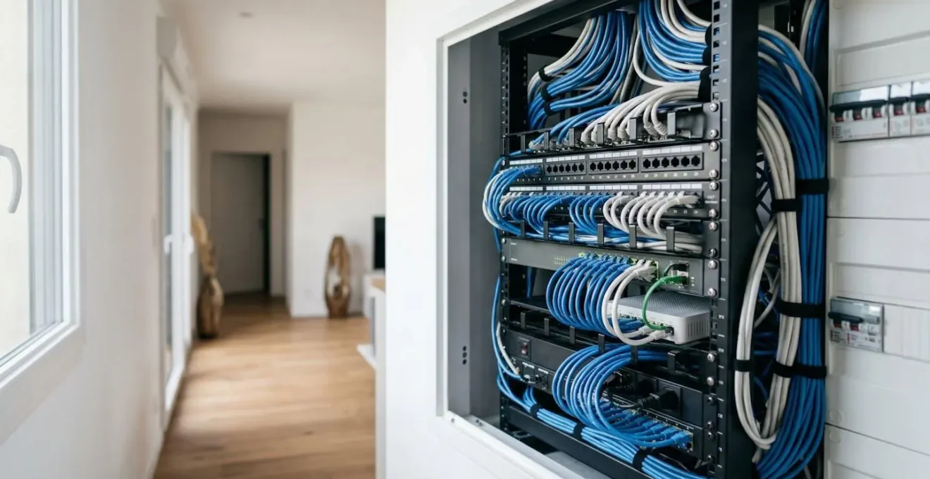 Installation professionnelle de câbles RJ45 Grade 3 TV dans coffret de communication d'une maison moderne