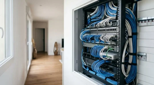 Installation professionnelle de câbles RJ45 Grade 3 TV dans coffret de communication d'une maison moderne
