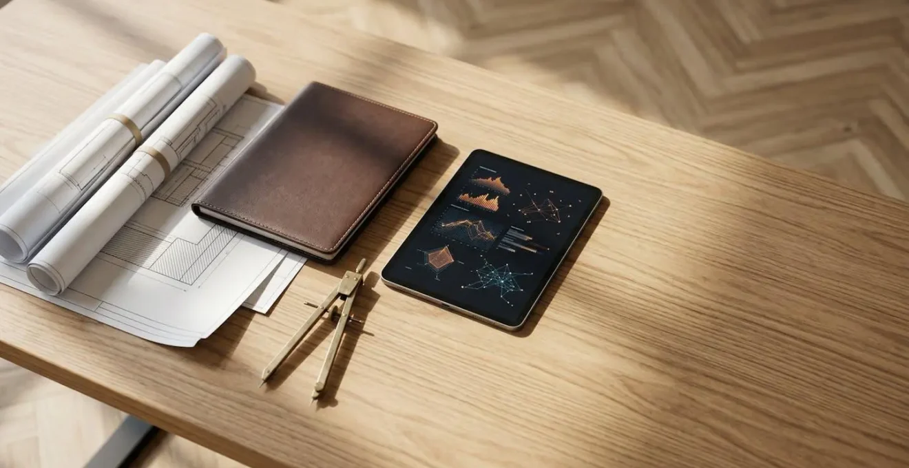 Documents techniques et plans architecturaux organisés sur un bureau en bois, éclairage naturel doux