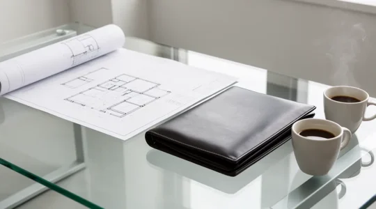 Bureau de négociation avec contrat de construction et plans de maison