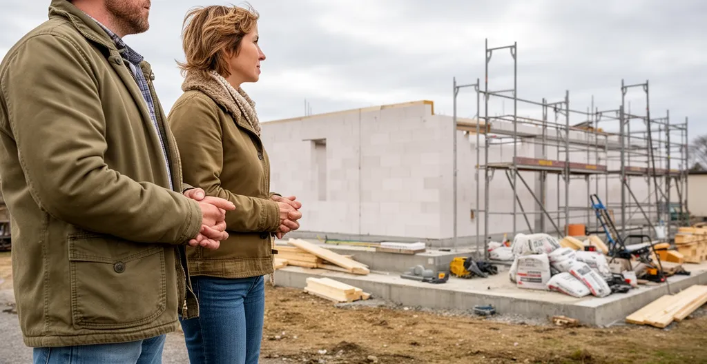Deux adultes observent un chantier de maison individuelle avec murs en cours d'élévation