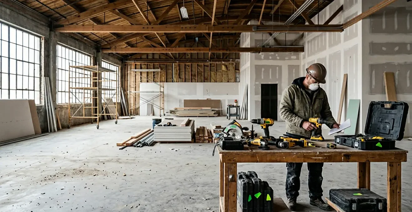 Artisan comparant outillage professionnel sur chantier de rénovation avec équipements de location et d'achat visibles