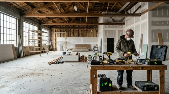 Artisan comparant outillage professionnel sur chantier de rénovation avec équipements de location et d'achat visibles