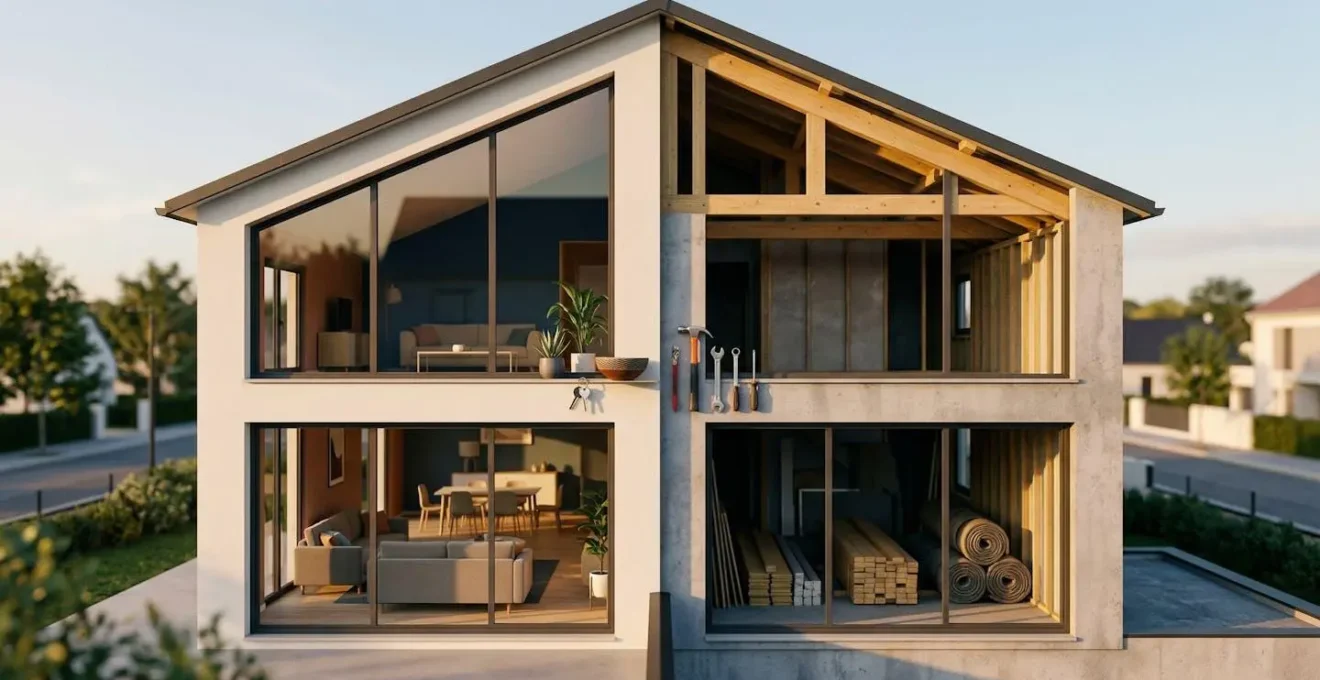 Vue d'ensemble d'une maison moderne en construction avec deux moitiés distinctes représentant les options clé en main et prête à décorer