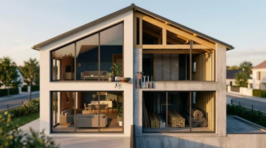 Vue d'ensemble d'une maison moderne en construction avec deux moitiés distinctes représentant les options clé en main et prête à décorer