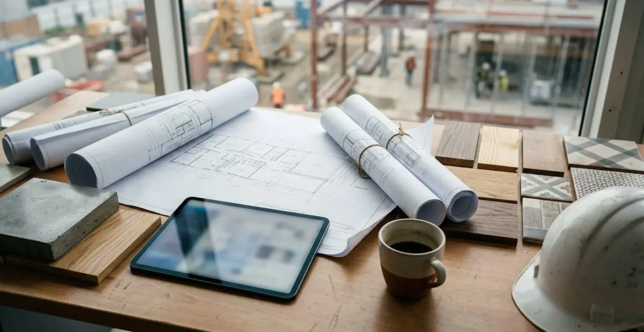 Bureau de chantier moderne avec plans de construction, échantillons de matériaux et tablette affichant un diagramme de Gantt flou en arrière-plan