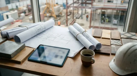 Bureau de chantier moderne avec plans de construction, échantillons de matériaux et tablette affichant un diagramme de Gantt flou en arrière-plan