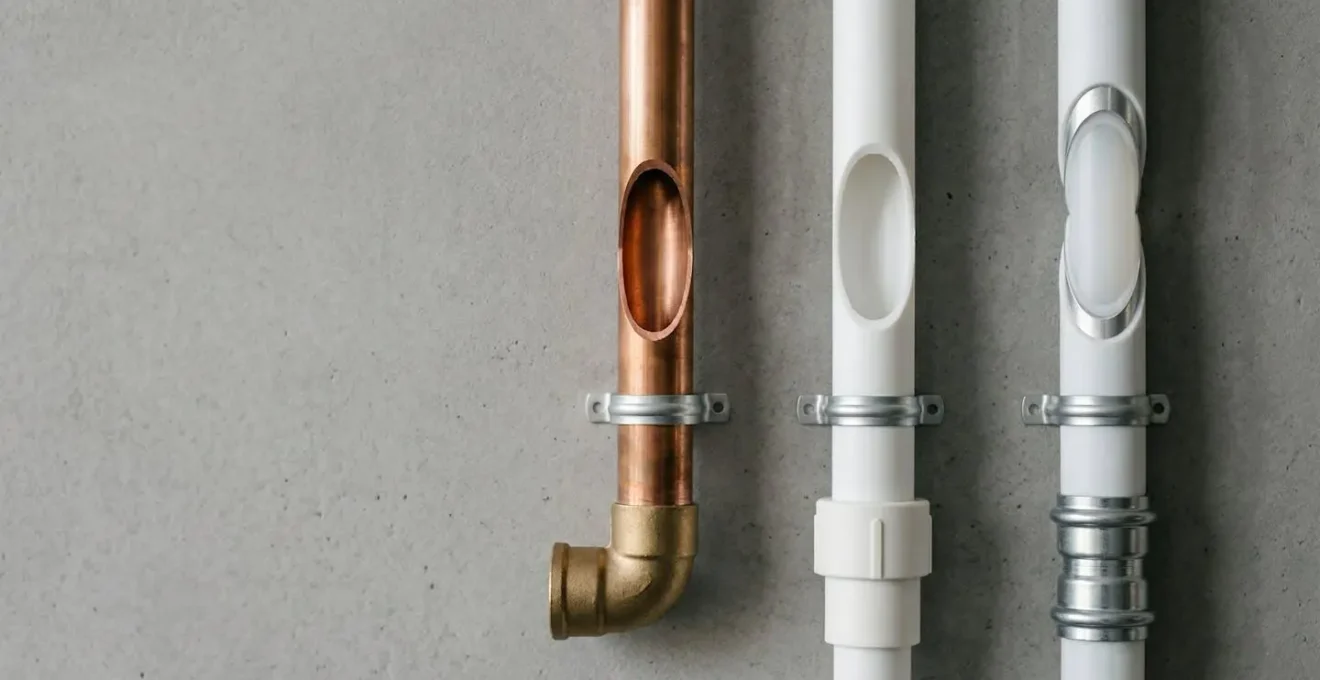 Comparaison visuelle de trois types de tuyauterie pour plomberie : cuivre, PER et multicouche