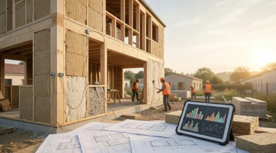 Vue d'ensemble d'une maison moderne en construction montrant différents matériaux écologiques et outils de mesure avec un graphique d'analyse carbone