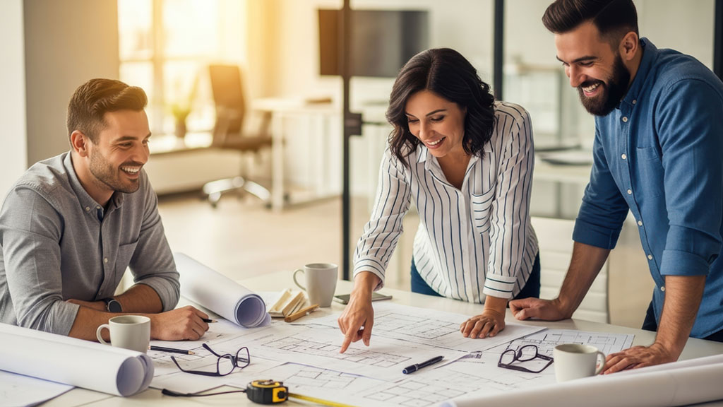 Personne consultant des documents de construction sur un bureau en bois