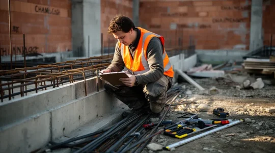 Inspection minutieuse d'un chantier de maçonnerie avec vérification des fondations et de l'élévation des murs