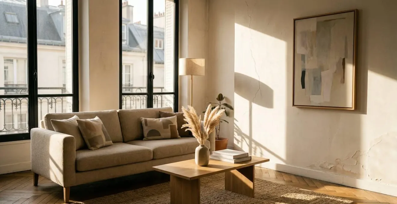 Salon moderne avec éclairage chaleureux révélant les défauts cachés sous la décoration