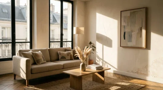 Salon moderne avec éclairage chaleureux révélant les défauts cachés sous la décoration