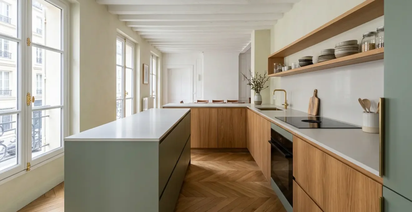 Cuisine moderne avec caissons IKEA et façades design personnalisées dans un intérieur français contemporain