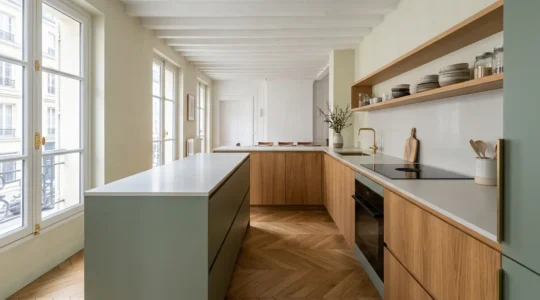 Cuisine moderne avec caissons IKEA et façades design personnalisées dans un intérieur français contemporain