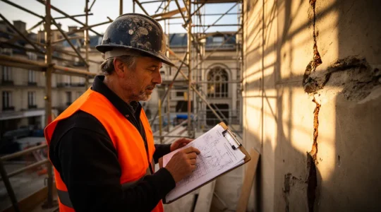 Expert en bâtiment inspectant une malfaçon sur un chantier de construction en France