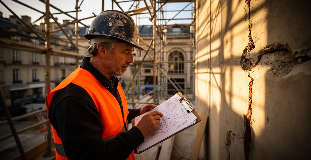 Expert en bâtiment inspectant une malfaçon sur un chantier de construction en France