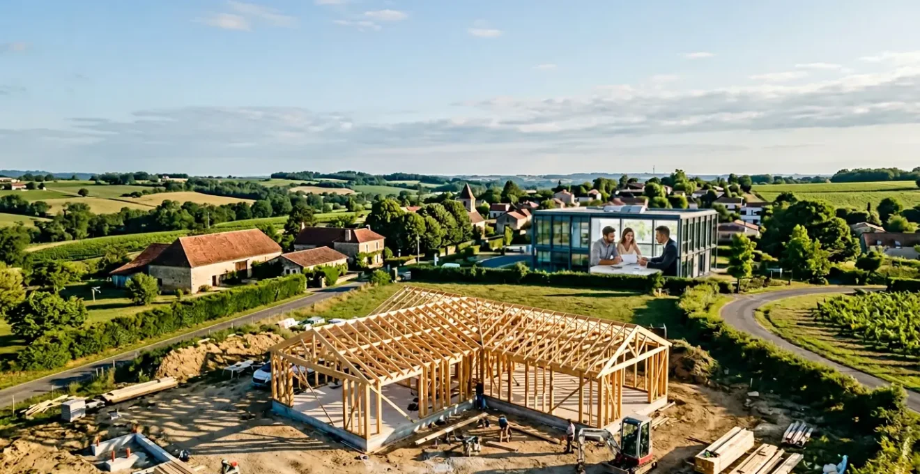 Vue aérienne d'une maison en construction avec des fondations et une famille consultant des documents financiers dans un bureau moderne