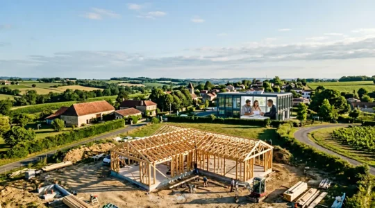 Vue aérienne d'une maison en construction avec des fondations et une famille consultant des documents financiers dans un bureau moderne