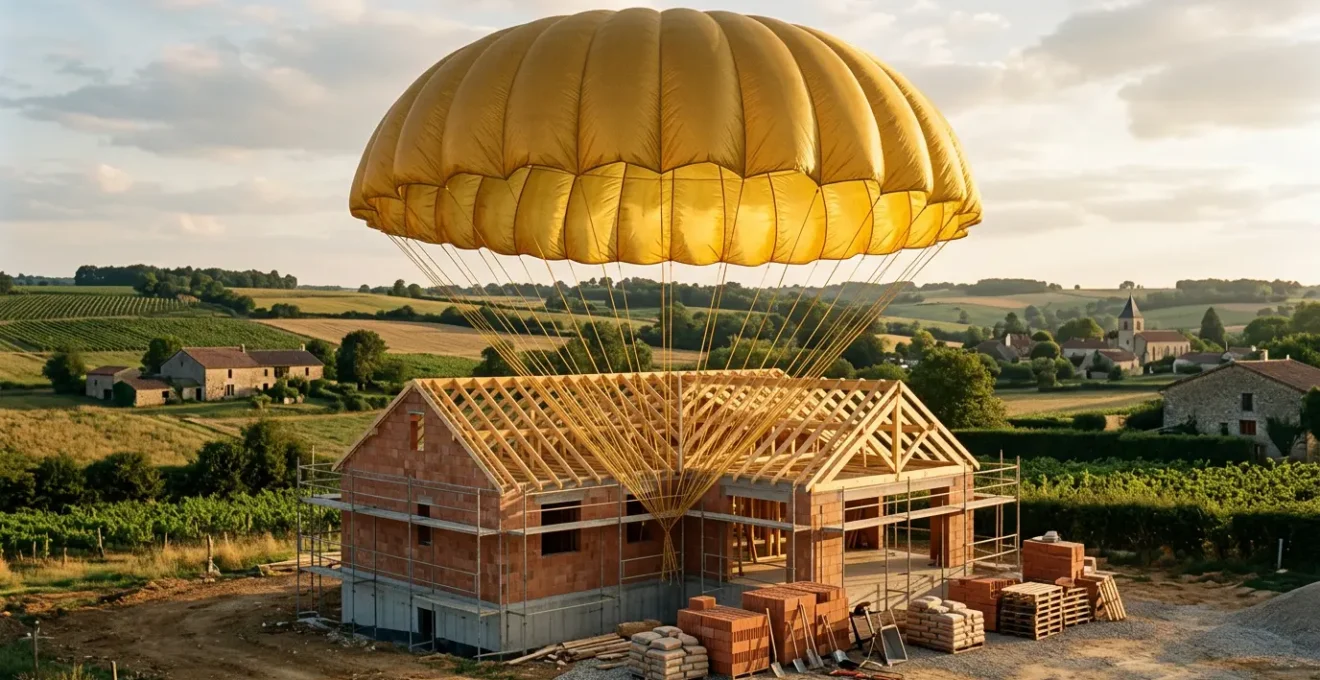 Vue symbolique d'une maison en construction protégée sous un parachute doré représentant la garantie de livraison du CCMI