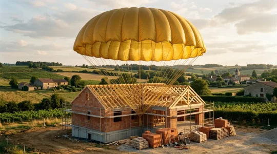 Vue symbolique d'une maison en construction protégée sous un parachute doré représentant la garantie de livraison du CCMI