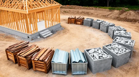 Vue d'ensemble d'un chantier d'autoconstruction organisé avec tri des déchets et bennes séparées