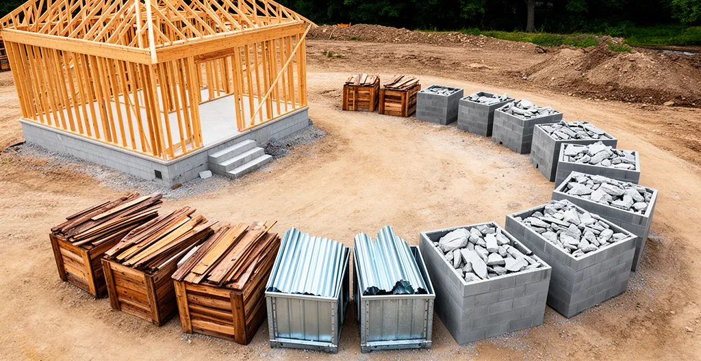 Vue d'ensemble d'un chantier d'autoconstruction organisé avec tri des déchets et bennes séparées