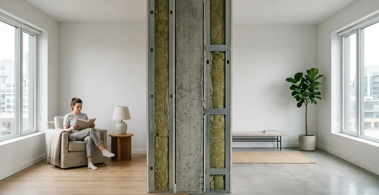 Coupe technique d'un mur mitoyen avec isolation phonique multicouche