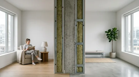 Coupe technique d'un mur mitoyen avec isolation phonique multicouche