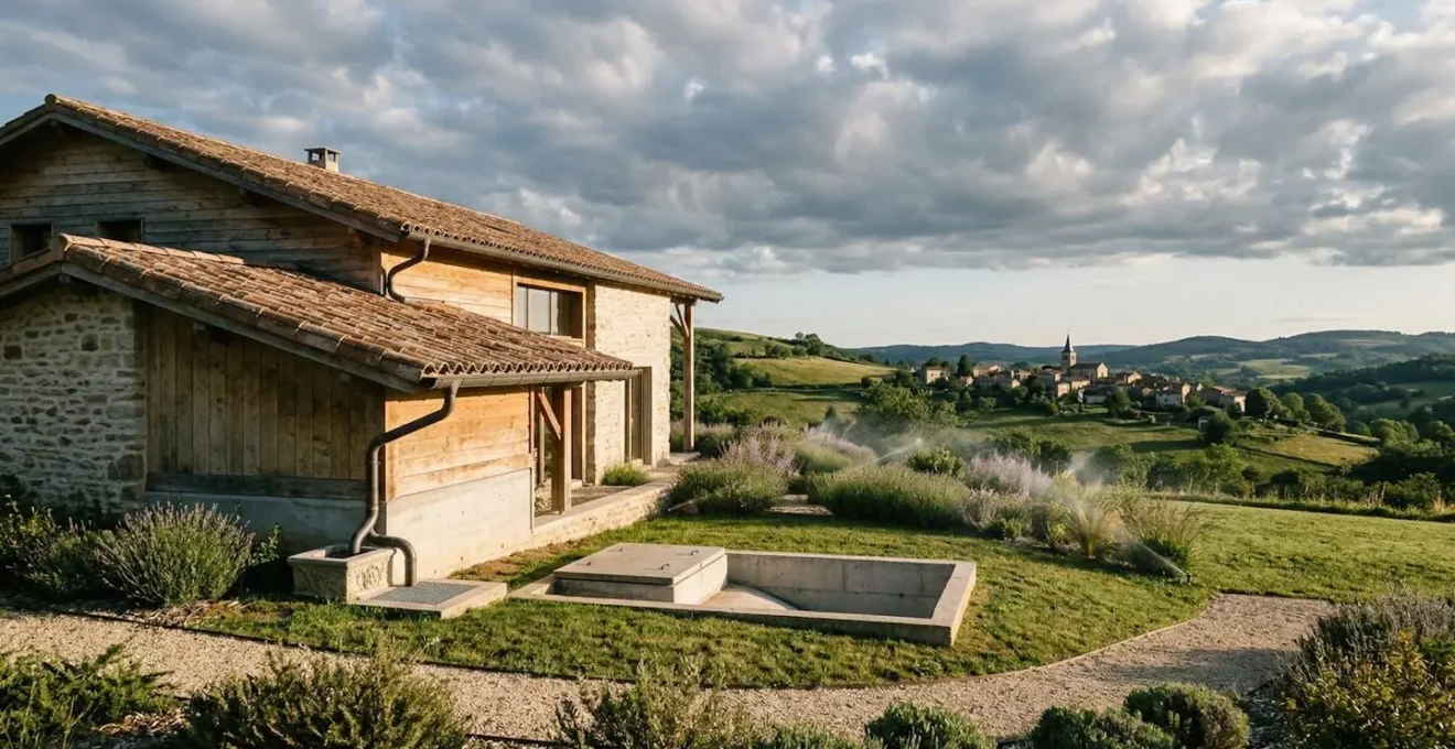Vue d'ensemble d'une maison écologique avec système de récupération d'eau de pluie intégré dans un paysage français