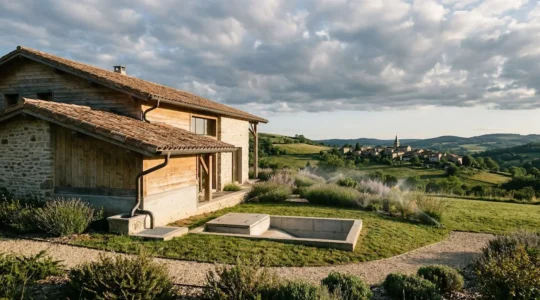 Vue d'ensemble d'une maison écologique avec système de récupération d'eau de pluie intégré dans un paysage français