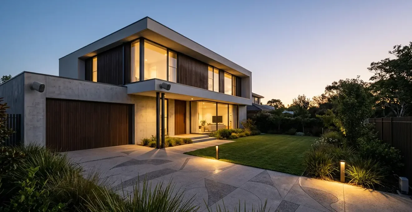 Maison moderne équipée de systèmes de sécurité connectés avec caméras et éclairages intelligents