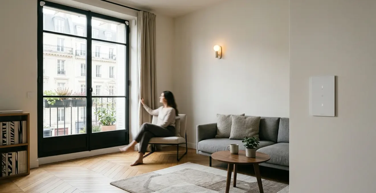 Intérieur moderne avec différents appareils connectés Apple, Google et Amazon harmonieusement intégrés dans un salon lumineux