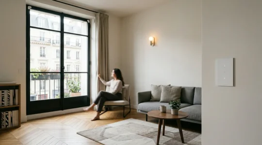 Intérieur moderne avec différents appareils connectés Apple, Google et Amazon harmonieusement intégrés dans un salon lumineux