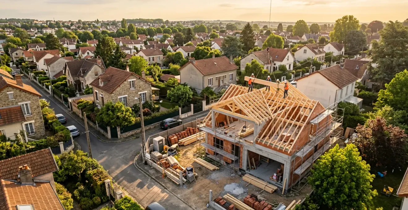 Vue architecturale d'une maison contemporaine en construction sur un terrain urbain de 300m² en France