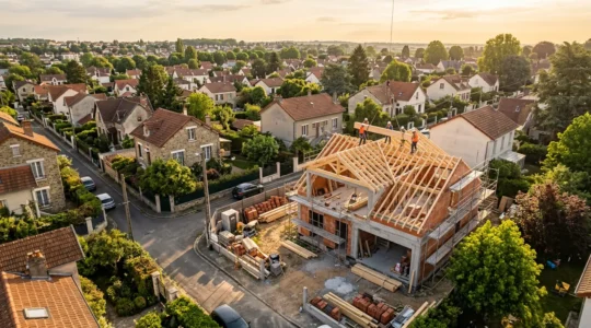 Vue architecturale d'une maison contemporaine en construction sur un terrain urbain de 300m² en France