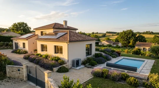 Vue aérienne d'une maison moderne avec panneaux solaires et aménagements extérieurs en France