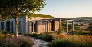 Maison moderne en ossature bois au milieu d'un jardin verdoyant français sous un ciel d'été ensoleillé avec des ombrages naturels