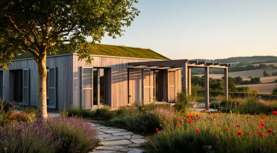 Maison moderne en ossature bois au milieu d'un jardin verdoyant français sous un ciel d'été ensoleillé avec des ombrages naturels