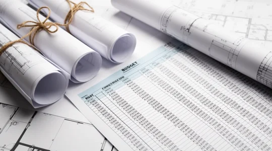 Vue aérienne d'un plan de maison moderne avec annotations de budget et croquis Pinterest sur une table d'architecte