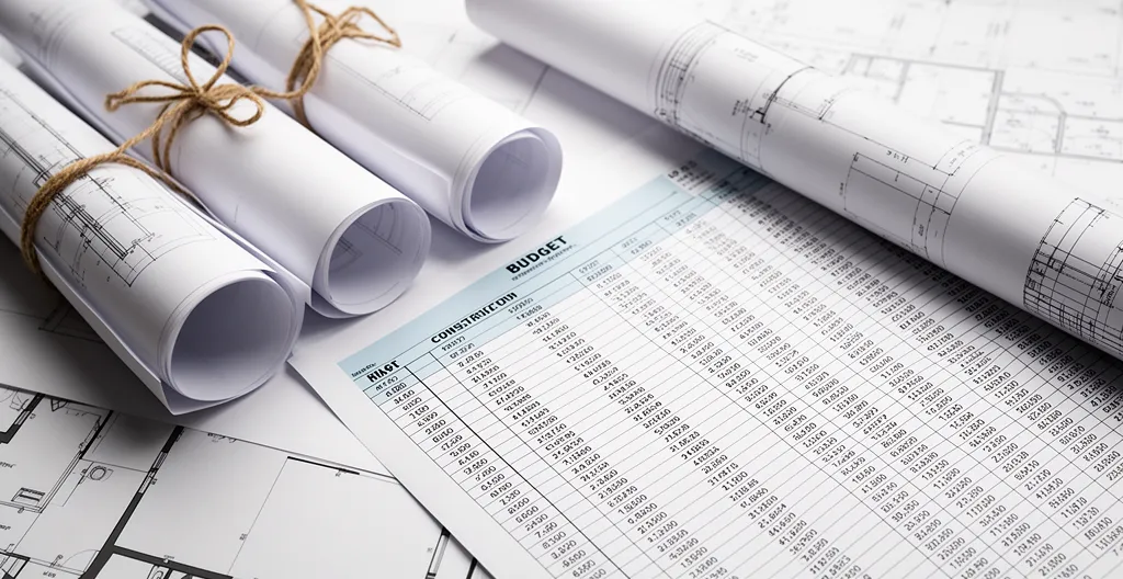 Vue aérienne d'un plan de maison moderne avec annotations de budget et croquis Pinterest sur une table d'architecte