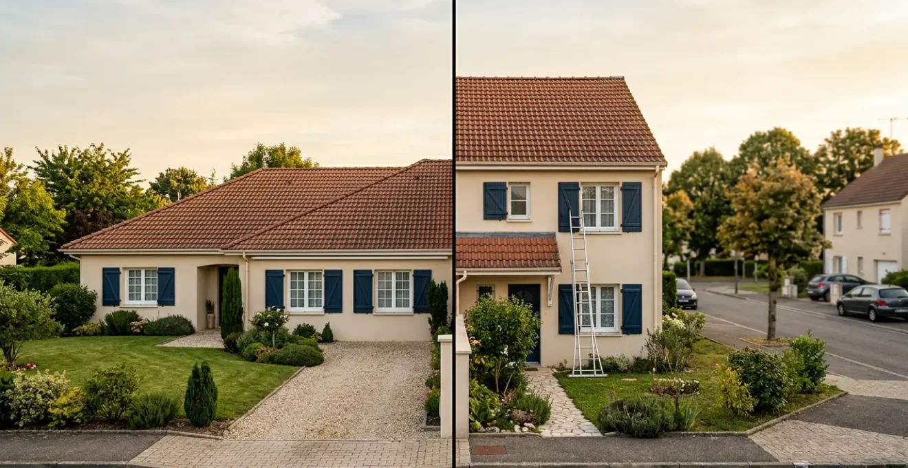 Vue comparative d'une maison plain-pied et d'une maison à étage montrant l'aspect financier sur 20 ans