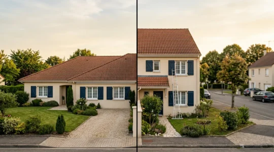 Vue comparative d'une maison plain-pied et d'une maison à étage montrant l'aspect financier sur 20 ans