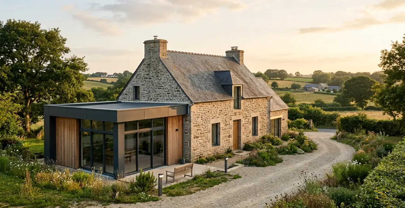 Vue d'une maison néo-bretonne modernisée avec bardage bois et grandes baies vitrées, intégrée dans un paysage rural français