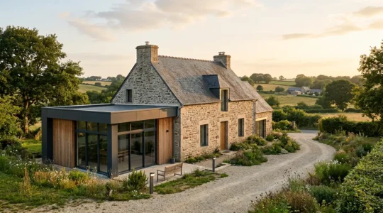 Vue d'une maison néo-bretonne modernisée avec bardage bois et grandes baies vitrées, intégrée dans un paysage rural français