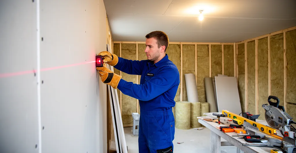 Artisan mesurant un mur intérieur en construction avec mètre laser