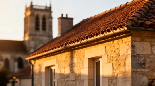Vue d'une maison traditionnelle française avec tuiles rouges et enduit clair située près d'un monument historique, éclairage doré de fin d'après-midi